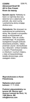 Tył opakowania kremu COSRX Advanced Snail 92 z polskim opisem użycia, ostrzeżeniami i datą 17.11.2008.