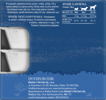 Tył opakowania karmy dla psa Butcher's Soczyste Pasztety, z instrukcją karmienia i danymi dystrybutora.