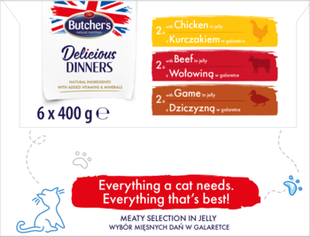 BUTCHER'S Delicious Dinners ,pełnoporcjowa karma dla kota, w formie kawałków w galaretce,lewa