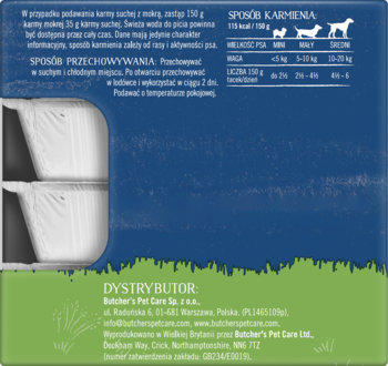 Tył niebiesko-zielonego opakowania Butcher's Tradycyjne Pasztety dla psa, z widoczną tabelą karmienia.