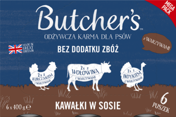 Niebieska paczka Butcher's: bezzbożowa karma dla psów, kawałki w sosie. Mix 6x100g: kurczak, wołowina, indyk.