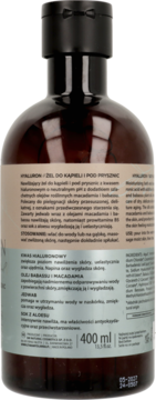 Tył brązowej butelki żelu do kąpieli i pod prysznic z kwasem hialuronowym, 400 ml, z etykietą i tekstem.
