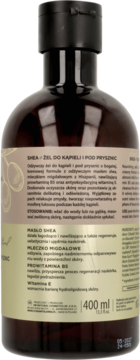 Tył brązowej butelki żelu do kąpieli Shea 400ml, widoczna beżowa etykieta z opisem składników i instrukcjami.