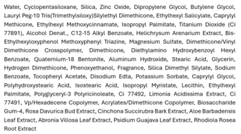 Zbliżenie na listę składników Missha Soft Finish Sun Milk SPF 50+, gęsty, czarny tekst na białym tle.