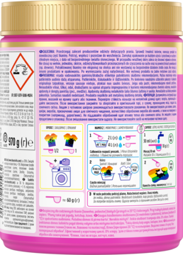 Tył różowego opakowania odplamiacza Vanish Oxi Action Pink 570g z instrukcjami prania i złotym wieczkiem.