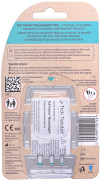 Tył kartonowego opakowania Tick Twister Kleszczołapki TRIO z instrukcją i 3 haczykami do usuwania kleszczy.