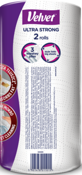 Velvet Ultra Strong ręcznik papierowy, opakowanie 2 rolek, biało-fioletowe, widok z boku, cechy: 3 warstwy, chłonny.