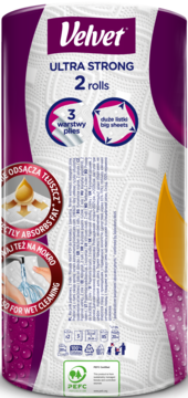 Fioletowo-białe opakowanie ręczników papierowych Velvet Ultra Strong, 2 rolki, 3 warstwy, chłonne.