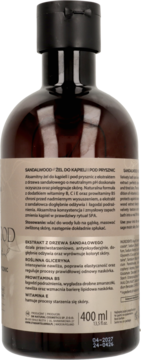 Tył brązowej butelki żelu pod prysznic Sandalwood 400 ml z czarną nakrętką, widoczny szczegółowy opis w języku polskim.