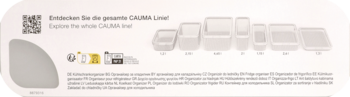 Overview graphic of Rotho Cauma storage containers: varied clear plastic organizer outlines, QR code, and text.