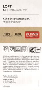 Organizer Rotho Loft 1,6l do lodówki, przezroczysty, z białą etykietą, widok z przodu. Recykling, bez BPA.