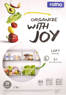 Opakowanie organizera do lodówki Rotho Loft Cooling 5L. Białe tło, świeże warzywa i widok wnętrza lodówki.