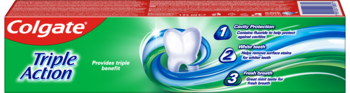 Colgate Triple Action pasta do zębów w zielonym pudełku z zębem i ikonami wskazującymi ochronę, biel i świeżwość.