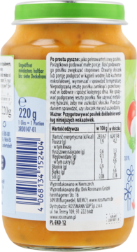Tył słoiczka Babydream, makaron z sosem pomidorowym, 220g. Etykieta z danymi odżywczymi dla dzieci od 8. miesiąca.