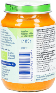 Tył słoiczka Babydream, obiad warzywny 190g. Etykieta z danymi produktu i certyfikatem BIO, widoczny kod EAN.