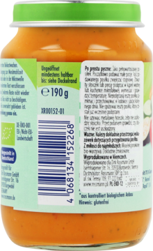 Babydream Warzywa śródziemnomorskie 190g, tył słoika z zieloną nakrętką i etykietą, BIO rzepak.