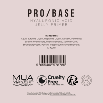Tył opakowania MUA PRO/BASE Hyaluronic Acid Jelly Primer. Widoczna lista składników, kod kreskowy i loga Cruelty Free.