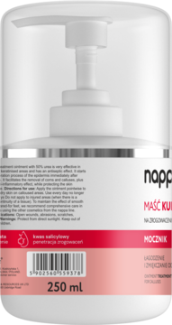 Nappa Maść 50% mocznika i kwasu salicylowego na zrogowacenia, biała butelka 250ml z pompką, tył.