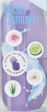 Fioletowy masażer lodowy do twarzy i dekoltu, z napisami i ilustracjami róż, ogórka, rumianku, aloesu.