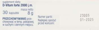 D-Vitum forte 2000 j.m., tył opakowania z widocznym tekstem o produkcie: 30 kapsułek, 8g i data ważności 01-2025.