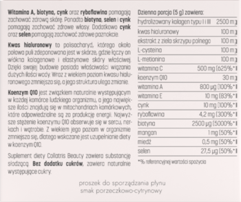 Tabela składu suplementu Collatris Beauty z kolagenem, kwasem hialuronowym, witaminami i minerałami.