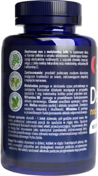 Tył ciemnoniebieskiej butelki Destresan noc z melatoniną żelki. Biała etykieta z polskim opisem składu i użycia.