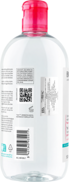 Bioderma Sensibio H2O płyn micelarny do skóry wrażliwej, tył przezroczystej butelki z różową nakrętką, kodem QR i etykietami.
