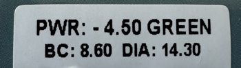 Etykieta soczewek All Vue Colors Plus: moc -4.50 zielone, BC 8.60, DIA 14.30, czarny tekst na szarym tle.