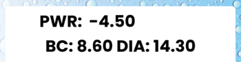 Zbliżenie na parametry miesięcznych soczewek Simple Vue Plus: PWR -4.50, BC 8.60, DIA 14.30.