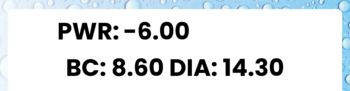 Simple Vue Plus miesięczne soczewki: PWR -6.00, BC 8.60, DIA 14.30. Parametry na białym tle.