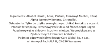 Tył opakowania perfum z polskim tekstem: składniki, ostrzeżenia, producent i dystrybutor, na białym tle.