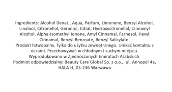 Tył opakowania perfum L'Aventure Gold z listą składników i informacjami ostrzegawczymi na białym tle.