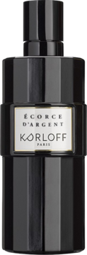 Korloff Ecorce D'Argent uniseksowa woda perfumowana w czarnej, fasetowanej butelce, widok z przodu ze srebrną etykietą.