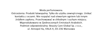 Etykieta perfum Noir Al Haramain z informacjami: woda perfumowana, ostrzeżenia o łatwopalności, dane producenta z Warszawy.