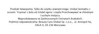 Polskie ostrzeżenia produktu, m.in. o łatwopalności, tylko do użytku zewnętrznego, oraz dane producenta.