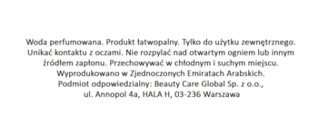Płaski widok białej etykiety L'Aventure Al Haramain Perfumes, polskie ostrzeżenia dla wody perfumowanej, dane producenta.