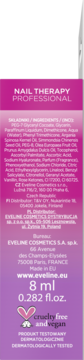 Tył różowego opakowania Eveline Nail Therapy Professional 8ml, z listą składników i informacją "cruelty free and vegan".