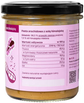 Tył słoika naturalnej pasty orzechowej z solą himalajską. Różowa etykieta ze składem i tabelą wartości odżywczych.