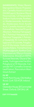 Tył opakowania bezzapachowego serum do twarzy. Widoczna lista składników, dane kontaktowe na zielonym tle.