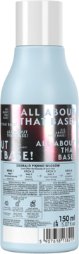 Tył jasnoniebieskiej butelki bazy pod olejowanie so!flow 150ml, z białym korkiem i tekstem 'ALL ABOUT THAT BASE!' oraz kodem kreskowym.