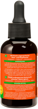 Tył brązowej butelki Cantu Olejek z biotyną do włosów i skóry głowy z czarną pipetą, instrukcja DE/PL.