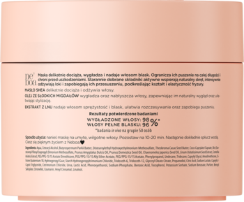 Tył brzoskwiniowej maski Neboa Curly Madeleine, wygładzającej włosy kręcone, z etykietą produktu.