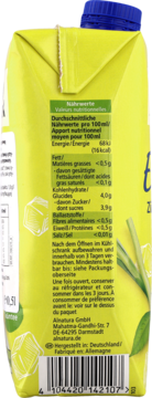 Tył żółtego kartonu napoju Alnatura z etykietą wartości odżywczych, kodem kreskowym, napisem "Made in Germany".