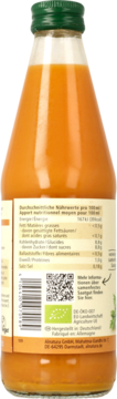 Tył szklanej butelki ekologicznego soku marchewkowego Alnatura z etykietą i wartościami odżywczymi.