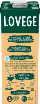 Lovege roślinny napój do kawy w zielono-beżowym kartonie, widok z przodu, z instrukcjami spieniania.