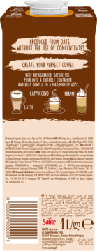 Tył kartonu Sante napój owsiany 1L do kawy. Instrukcje podgrzewania, ilustracje latte, cappuccino, frappe.