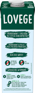 Tył kartonu Lovege, napoju roślinnego. Biało-zielony z informacjami: z orzechów, bez laktozy, glutenu i witaminami.