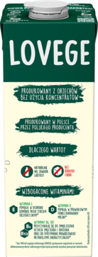 LOVEGE napój roślinny, tył opakowania, zielono-kremowe, opis: bez laktozy, bez cukrów, wzbogacone witaminami.