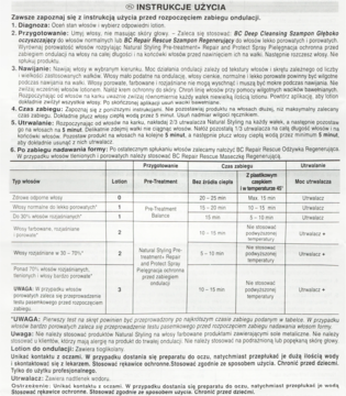 Czarno-biała instrukcja użycia płynu do trwałej ondulacji Glamour Wave nr 1, z tabelami i tekstem.