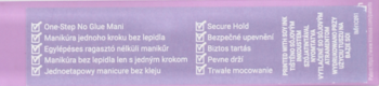 Lista cech The No Glue Mani, m.in. "One-Step No Glue Mani" i "Secure Hold", na fioletowym tle.